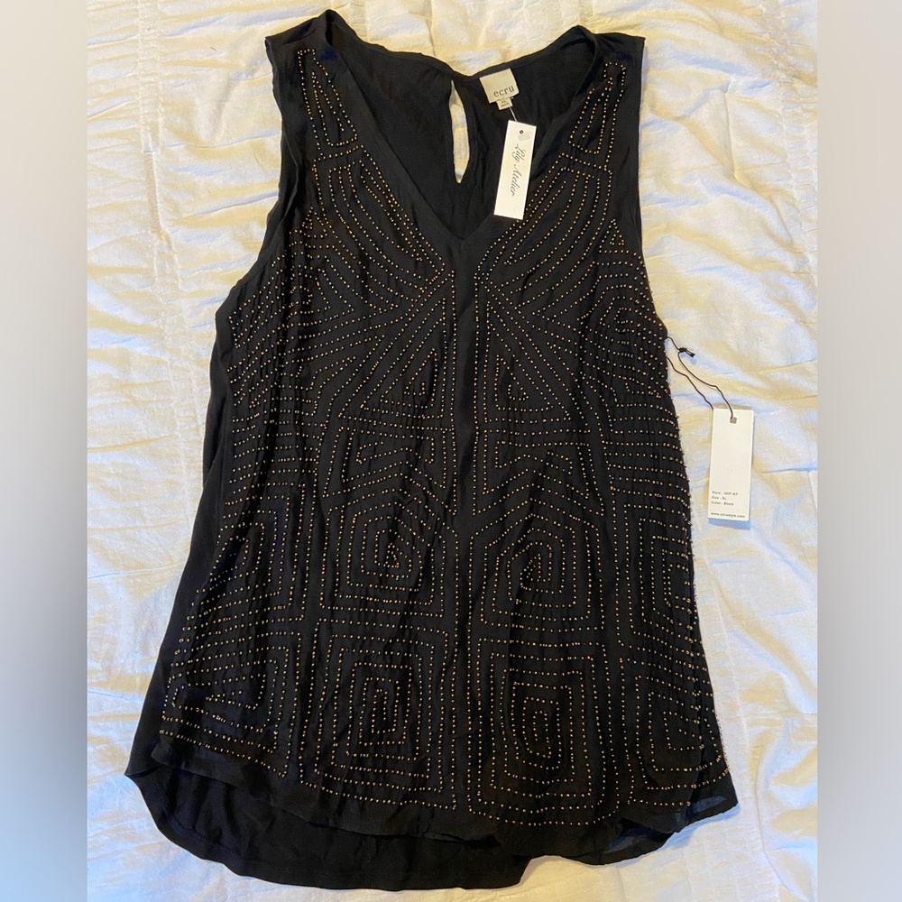 Ecru beaded geometric v neck blouse